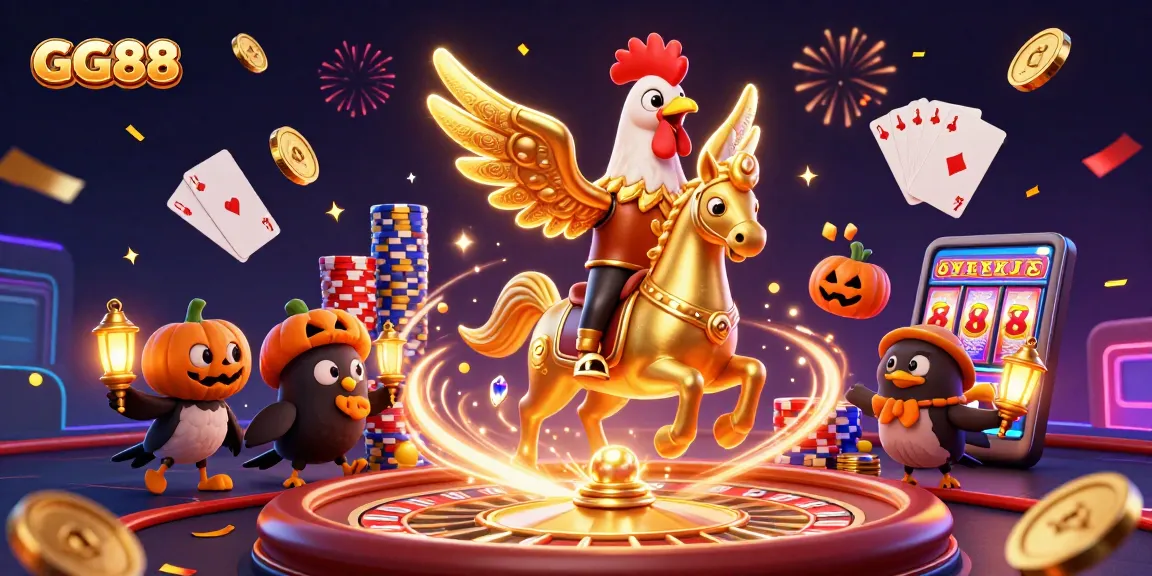 Experience thrilling action at GG88 with golden rooster and spectral horse in dynamic casino scene.