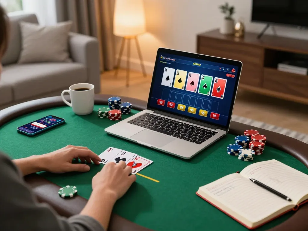 F8bet casino player engaged in an exciting online poker game at home amidst strategic planning.