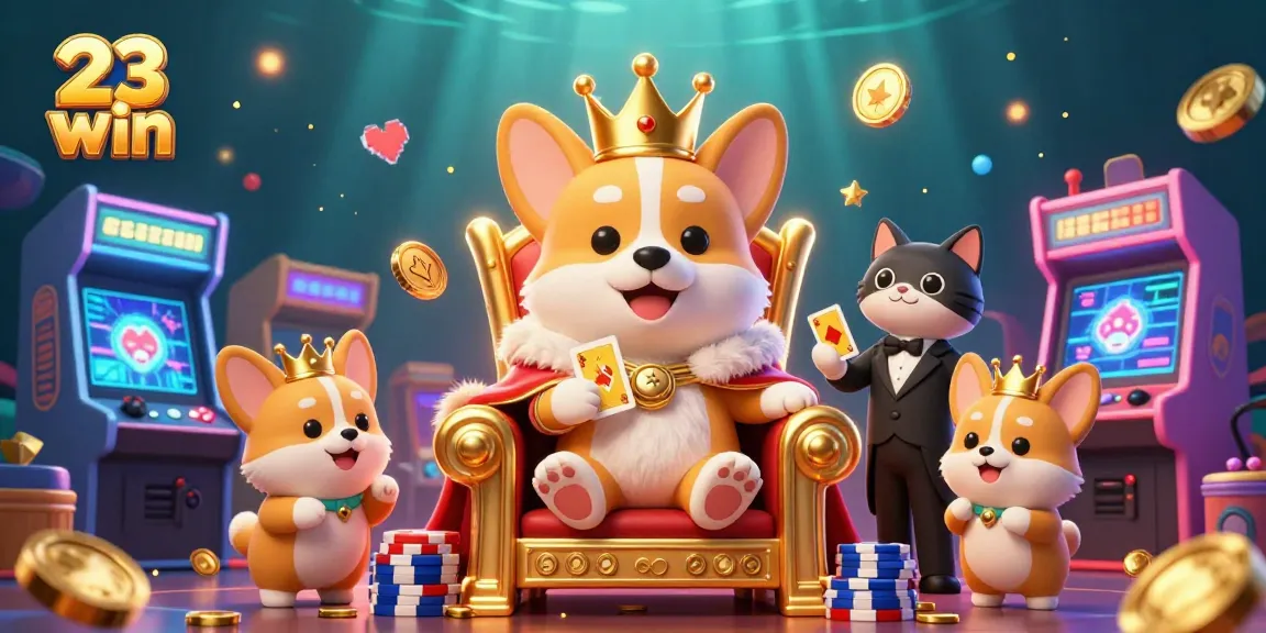 Engage in thrilling 23 win adventures with colorful casino elements and a royal corgi theme.