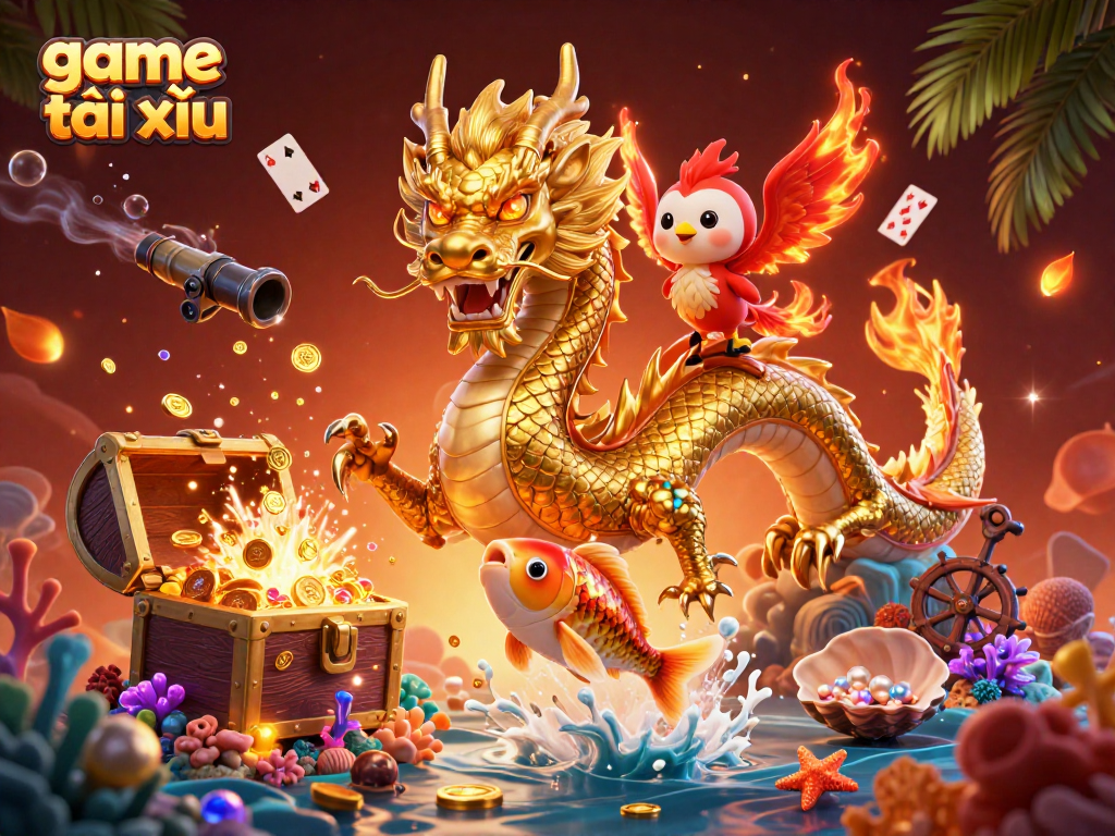 Engage with the vibrant world of game tài xỉu, featuring a golden dragon, phoenix, and koi fish, encapsulating the excitement of online gambling.
