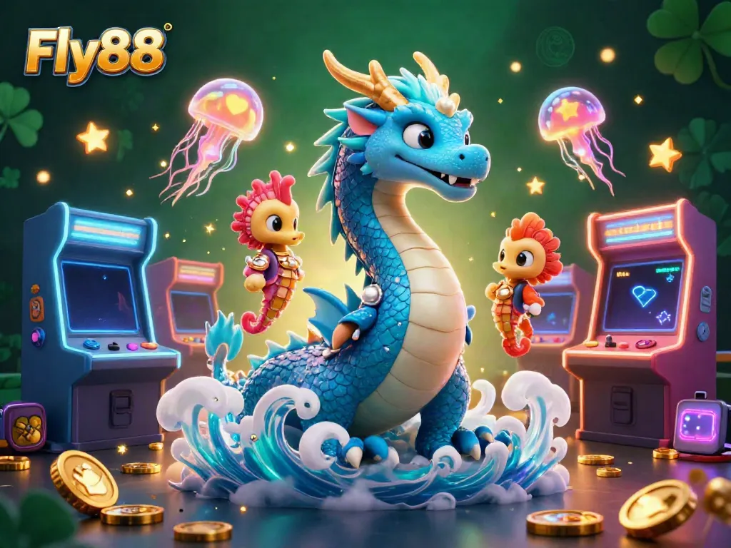 Experience the thrill of gaming at Fly88 with vibrant 3D characters and colorful arcade elements.