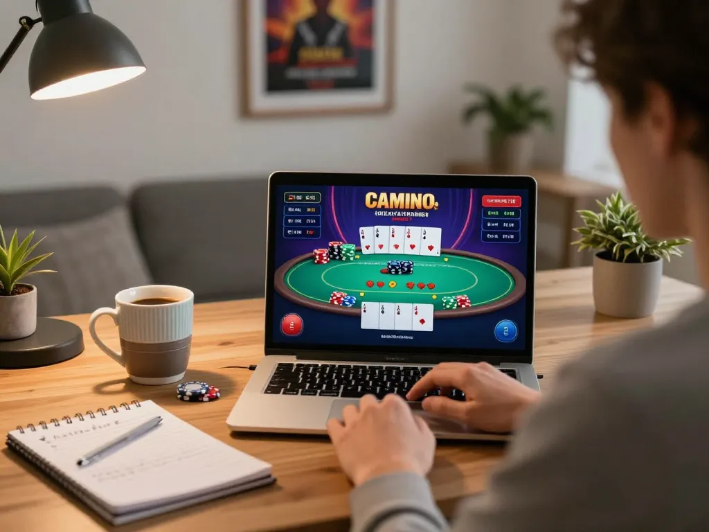 Engaging in online poker gameplay at home with LV88 platform on laptop, highlighting strategy and comfort.