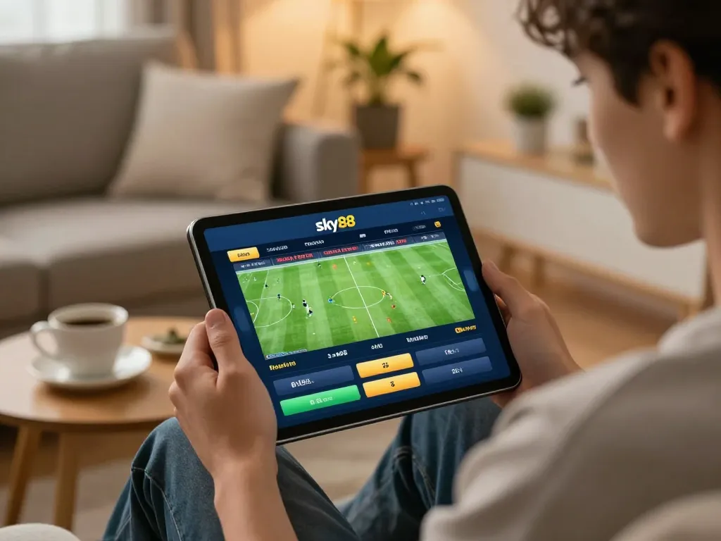 Engaging moment of a user placing a sports bet on Sky88 via tablet in a cozy home environment.