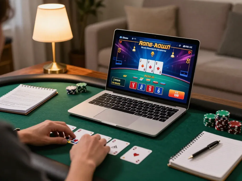 Engaging in online poker with nk88 platform while managing gaming strategy notes in a cozy home setup