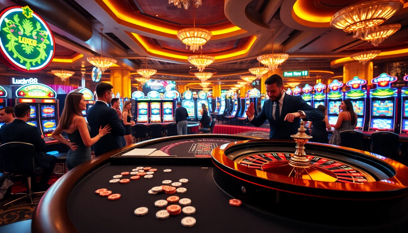 Experience the excitement of Lucky88 casino with vibrant games, poker chips, and glowing slot machines.