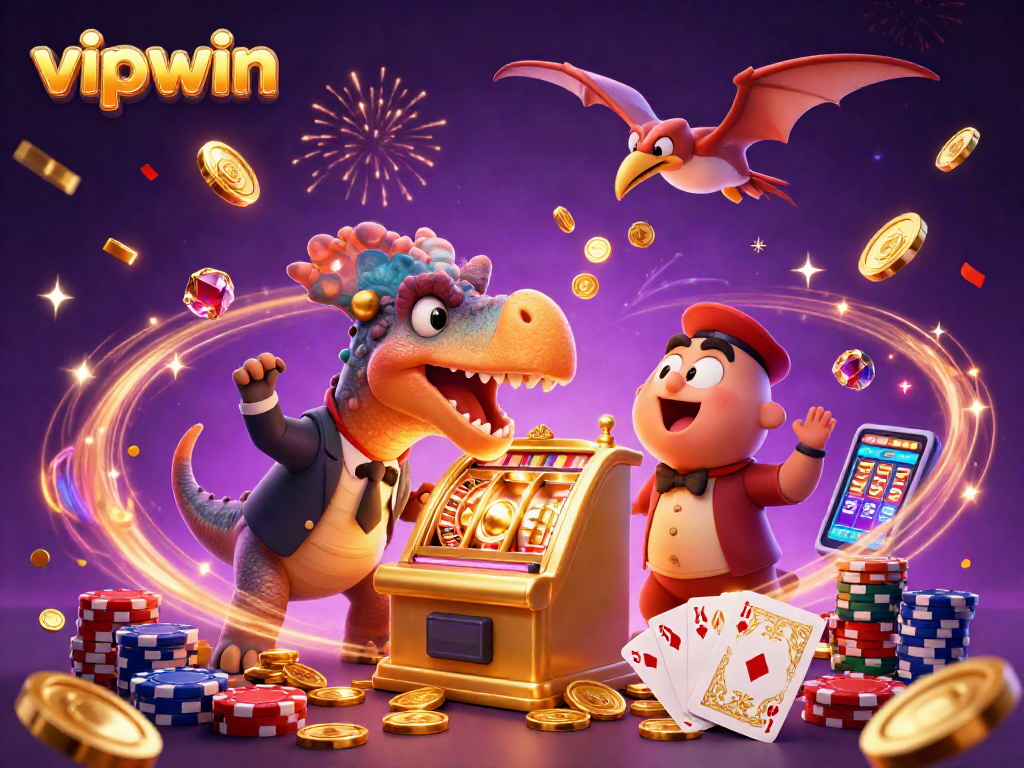 Experience a jackpot frenzy at vipwin with a cartoon dinosaur, coins, and vibrant casino elements!