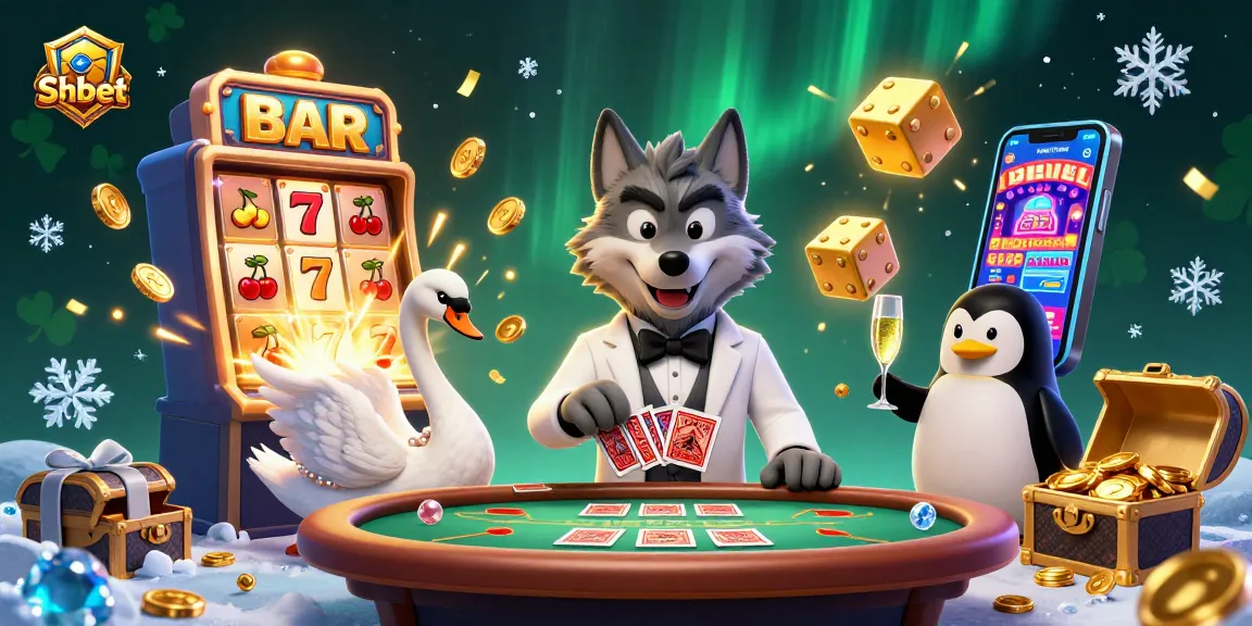 Experience Shbet's vibrant gambling scene with a dynamic 3D illustration of playful characters and casino elements.