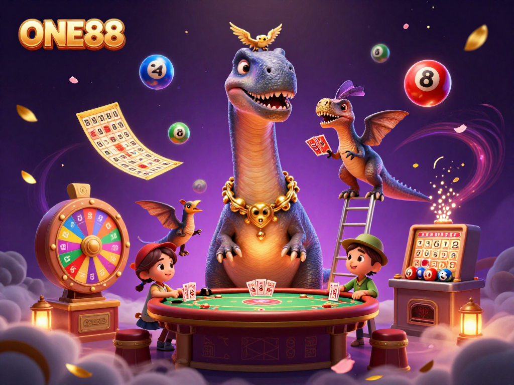 Experience the excitement of ONE88, featuring a brontosaurus and raptor in a vibrant casino scene.