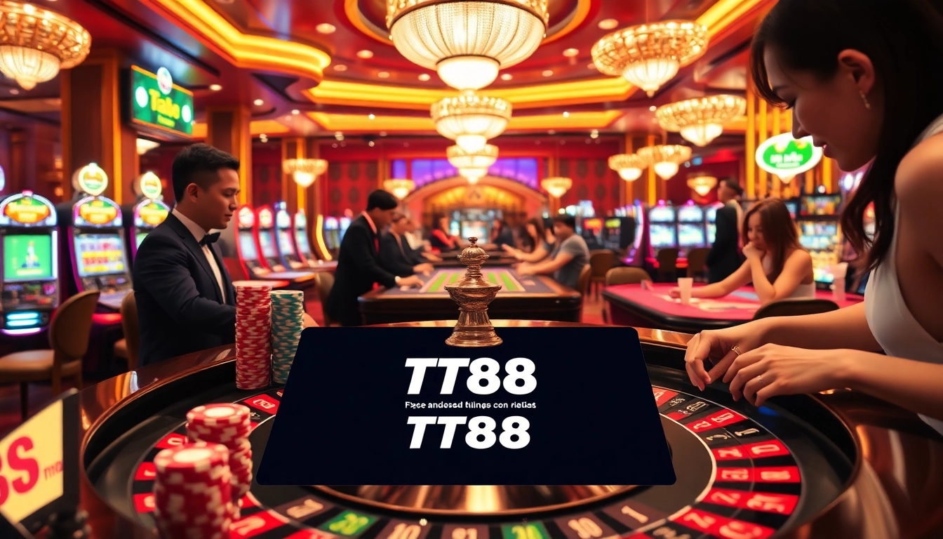 Experience the thrill of TT88 with a luxurious casino atmosphere featuring roulette and excited players.