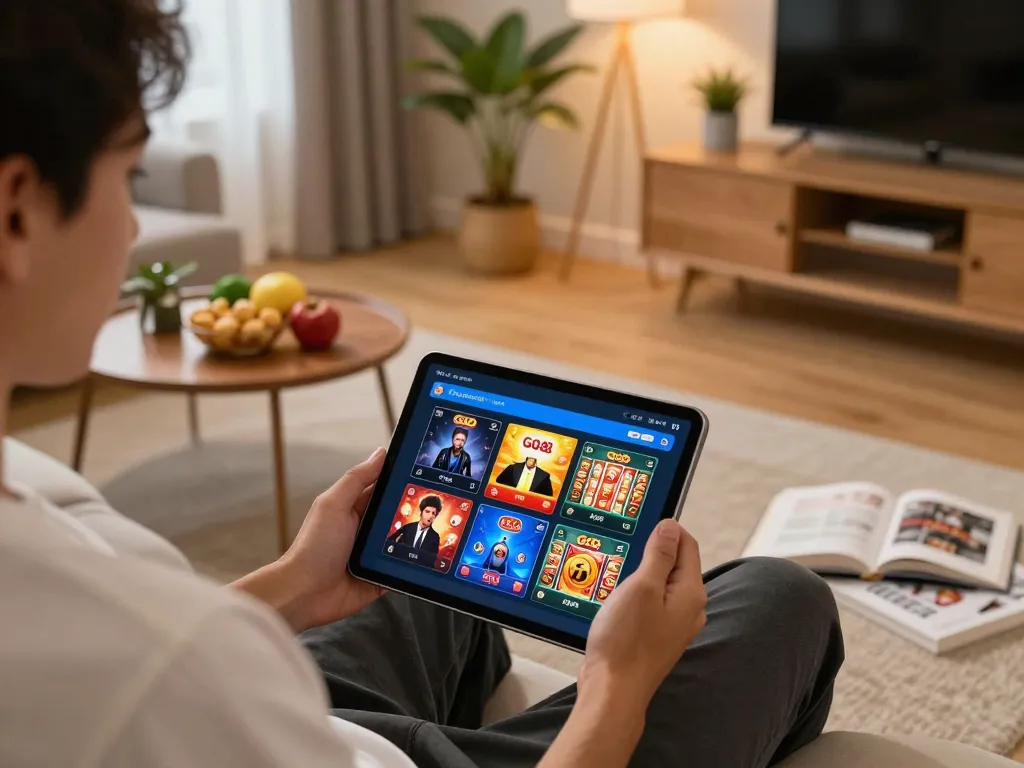 TẢI GO88 app displayed on a tablet in a cozy home setting, showcasing online gambling options and responsible gaming.