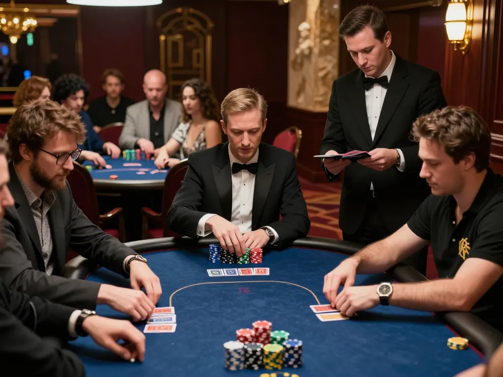 Witness thrilling poker gameplay at sin88 in a luxurious VIP room with engaged players.