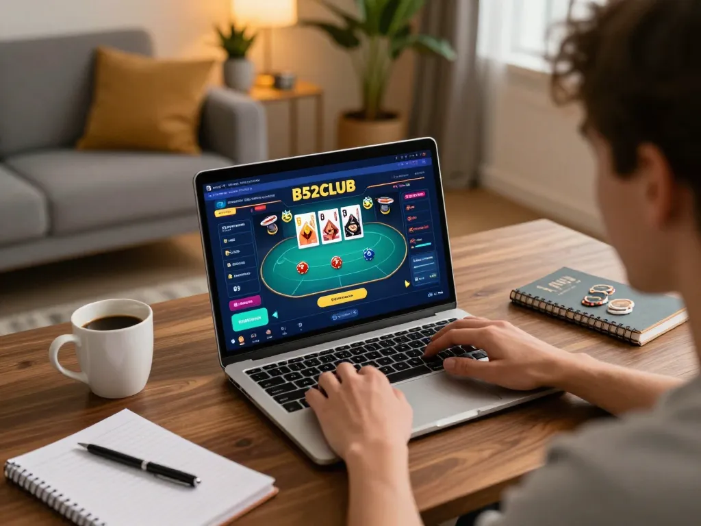 B52CLUB online poker game interface with engaging player in a cozy home setup.