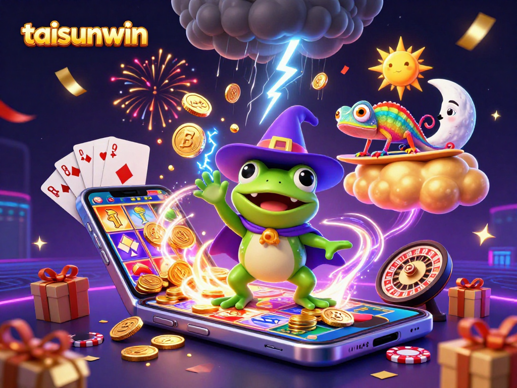 Taisunwin highlights a magical scene with a weather wizard frog and a chameleon amidst golden coins.