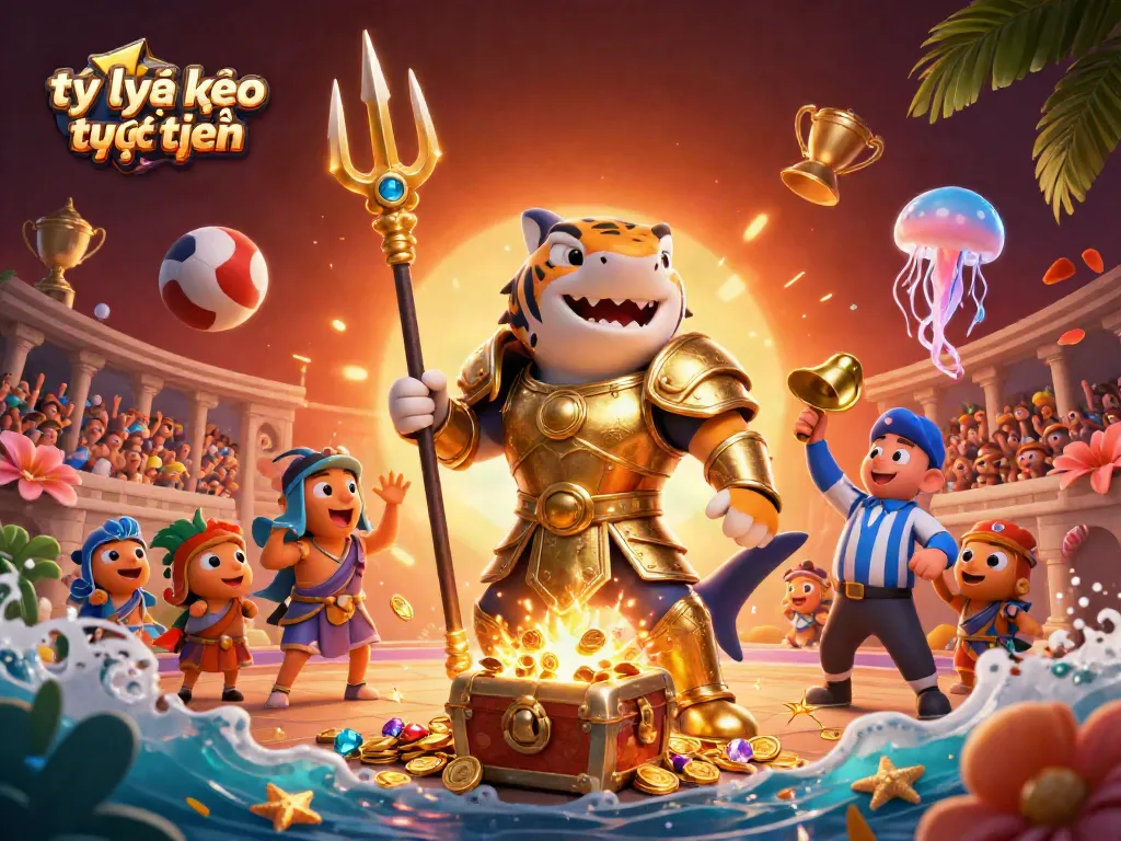 Engage with tỷ lệ kèo trực tuyến in an energetic underwater colosseum featuring a shark gladiator and vibrant casino elements.