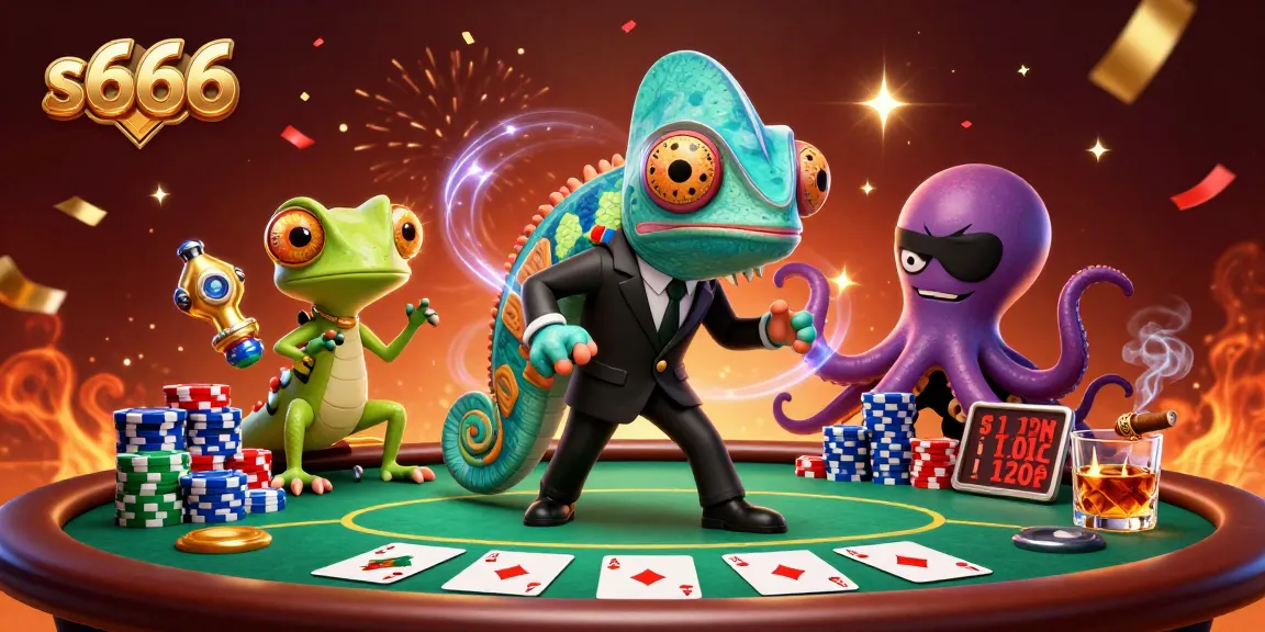 s666 showcases a vibrant 3D casino scene featuring dynamic poker action with colorful chips and characters.