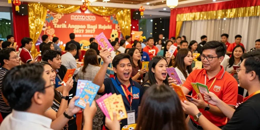 Participants enjoying the ROKOK88 event, showcasing colorful angpao envelopes in a festive setting.