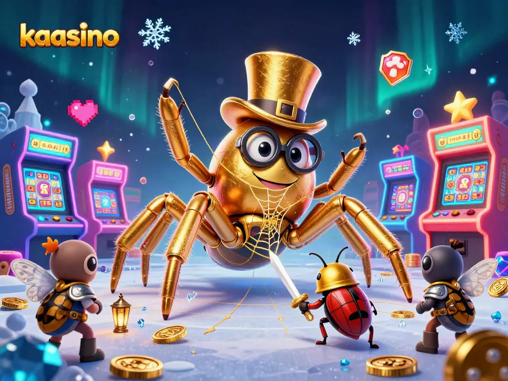 Kaasino brings excitement as a beetle knight approaches a giant tarantula in a vibrant casino scene.
