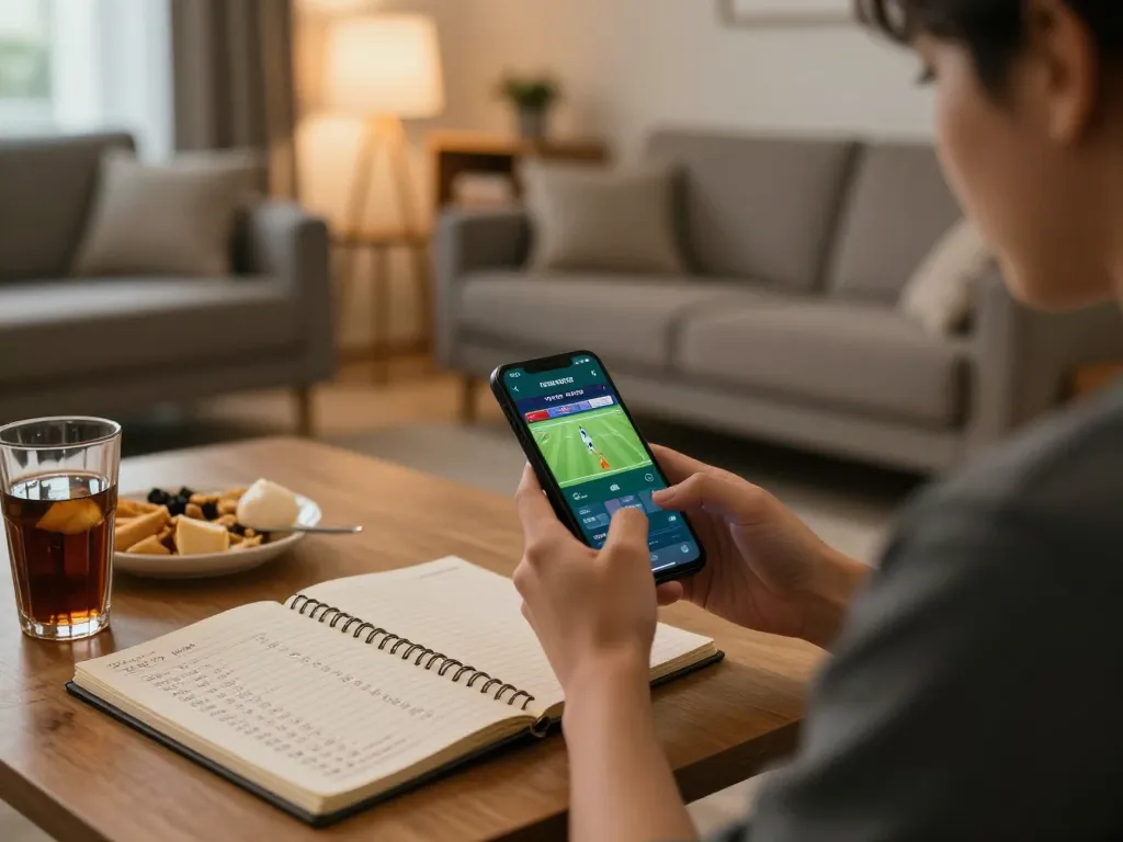 Person analyzing kèo bóng đá hôm nay on smartphone in a cozy living room, promoting responsible betting.