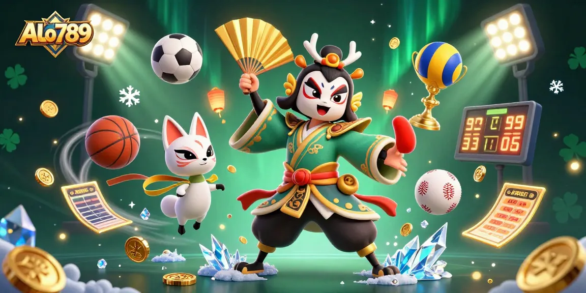 Experience dynamic gaming action with ALo789 in this vibrant 3D casino scene featuring sports elements and cultural characters.
