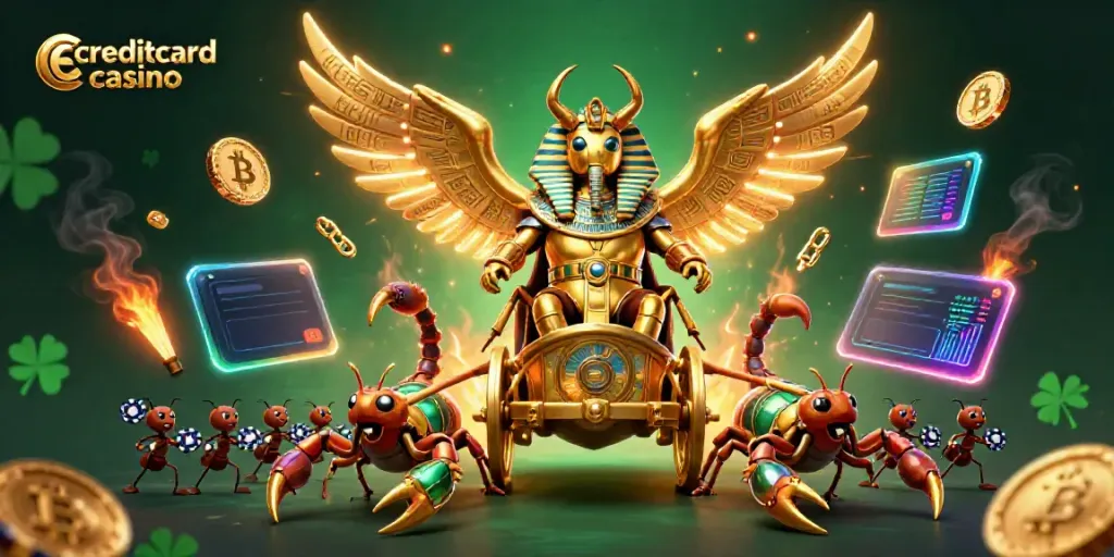 Engage with the vibrant action of a creditcard casino featuring a colossal scarab beetle and scorpions amidst cryptocurrency elements.
