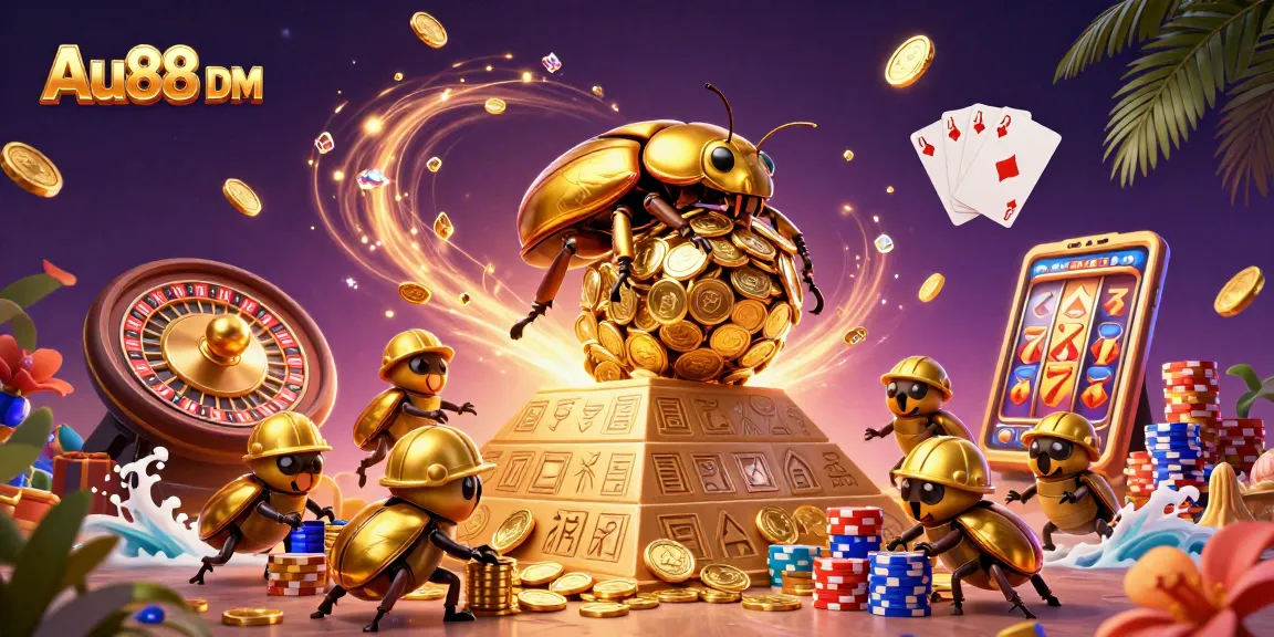 Win big at Au88 DM with this vibrant casino-themed illustration showcasing golden beetles and sparkling rewards.