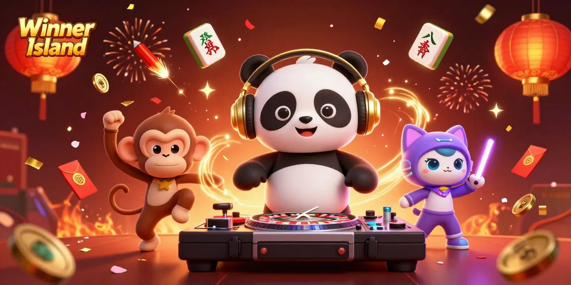 Experience thrilling games at Winner Island with vibrant characters and festive casino elements.
