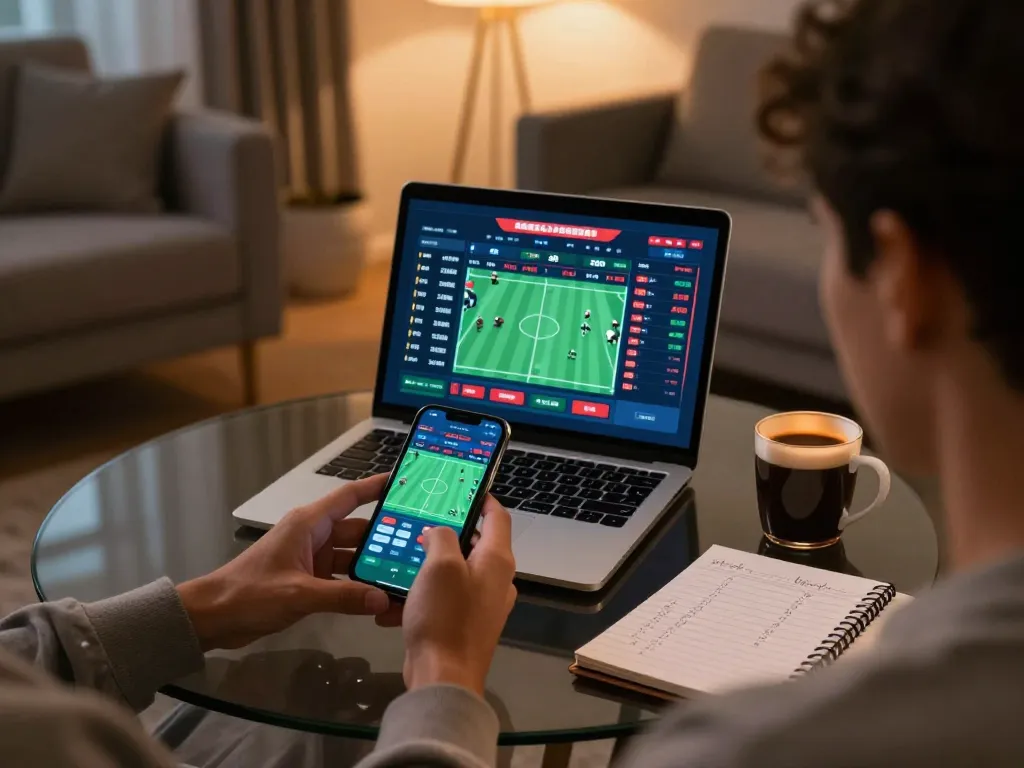 Engaging in sports betting on smartphone in cozy living room, showcasing keonhacai strategies.