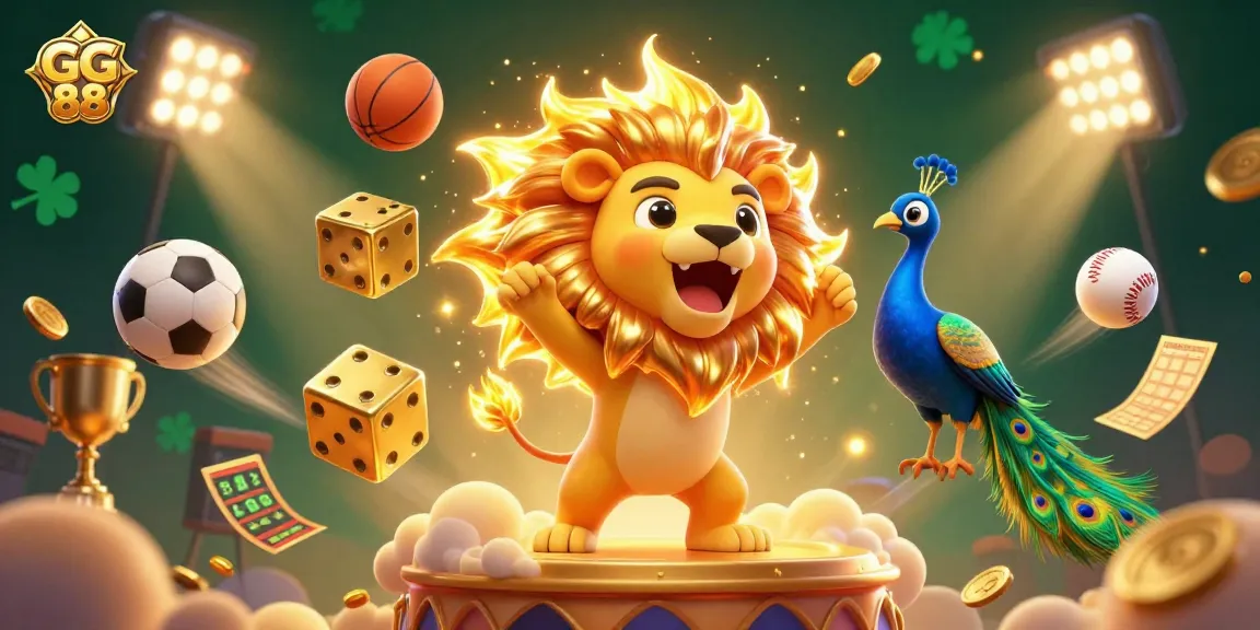 Engage in exhilarating gameplay with GG 88’s vibrant casino-themed 3D scene featuring golden dice and a triumphant lion.