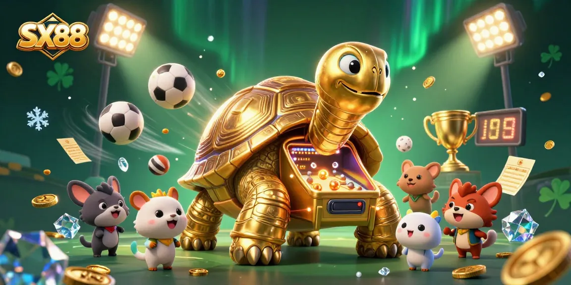 SX88 captivates players with an immersive gambling experience featuring a colossal golden tortoise in a vibrant casino scene.