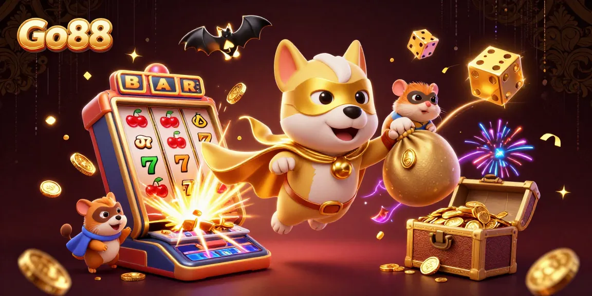 Watch Go88 come alive with a heroic cartoon dog and hamster amidst dynamic casino elements exploding with gold coins.