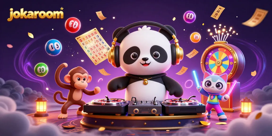 Join the excitement at jokaroom with a DJ panda and vibrant casino elements in a lively digital illustration.