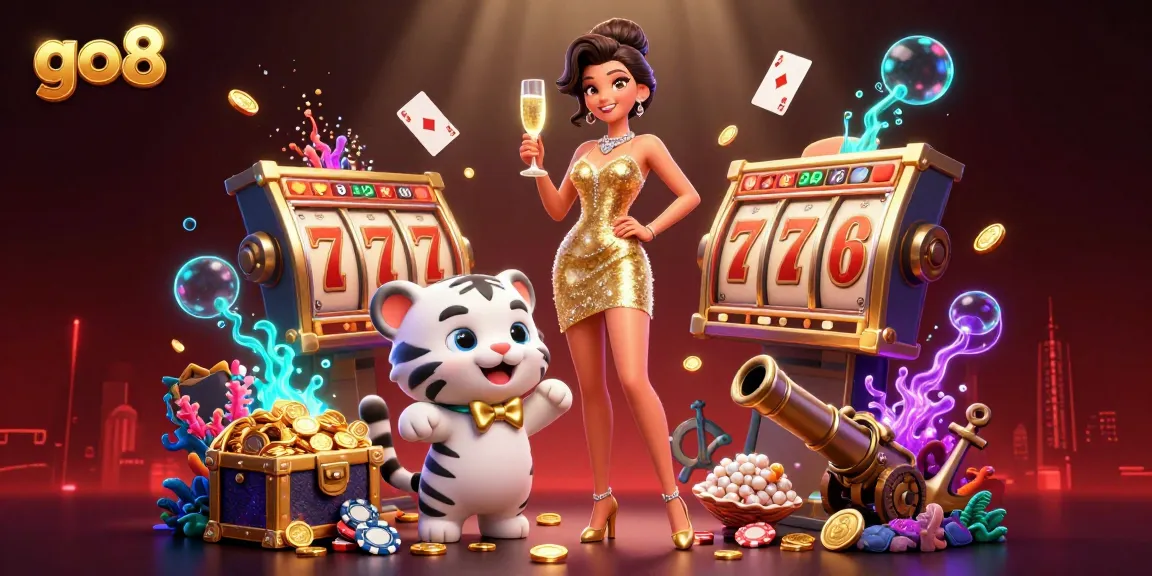 Spin the reels and win big at go8 with a glamorous character and a lucky white tiger in a dazzling casino scene.