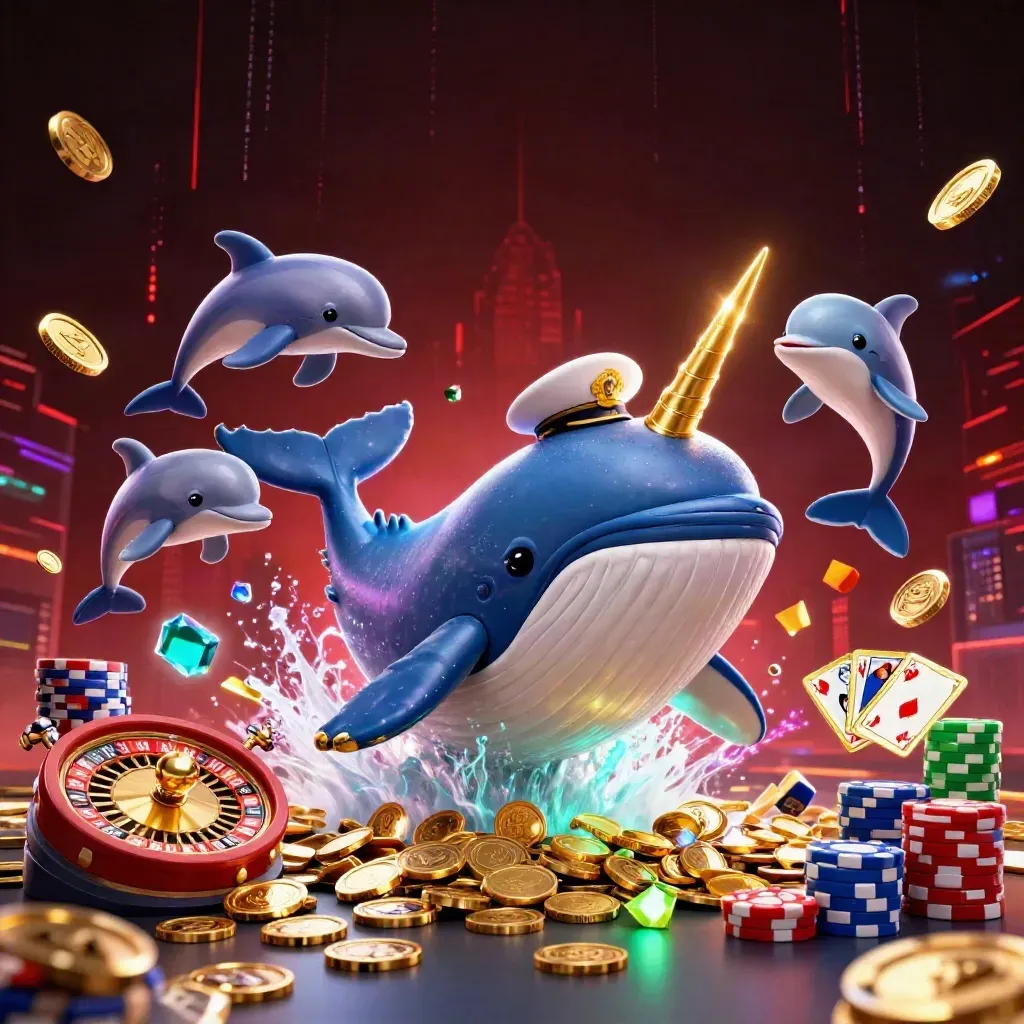 Neonblauwe casino-art met walviskapitein, narwal, dolfijnen, munten, chips en gokkastglans