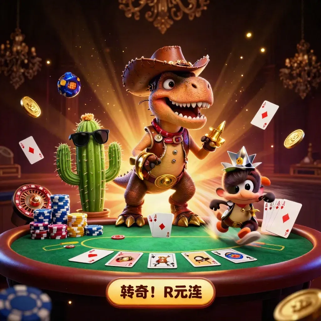 Drie cartoon casinodieren in neon boven pokerchips, kaarten en goud op luxe donkere achtergrond.