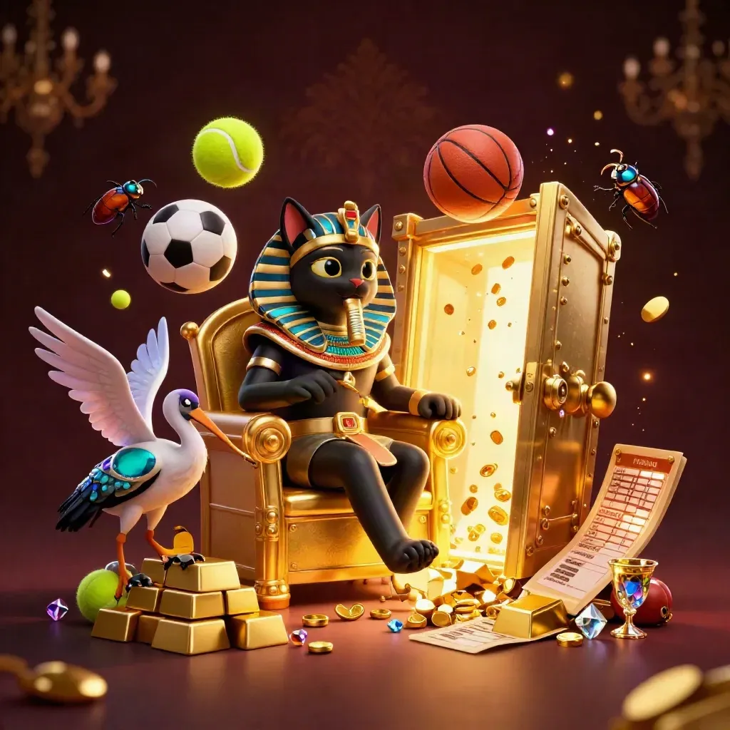 Neon-casinoscène met faraokat, ibis en scarabeeën rond goud en sportballen.