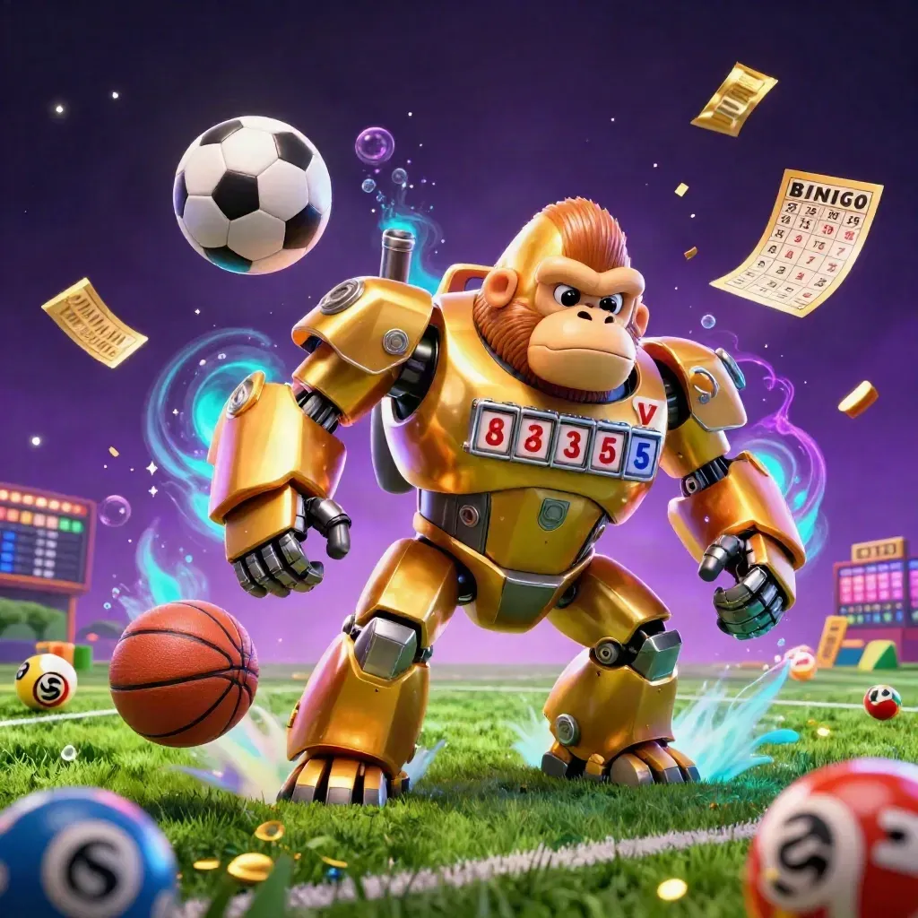 Gouden gorillamech op voetbalveld met casino-items, neon explosies en een vliegende bal.