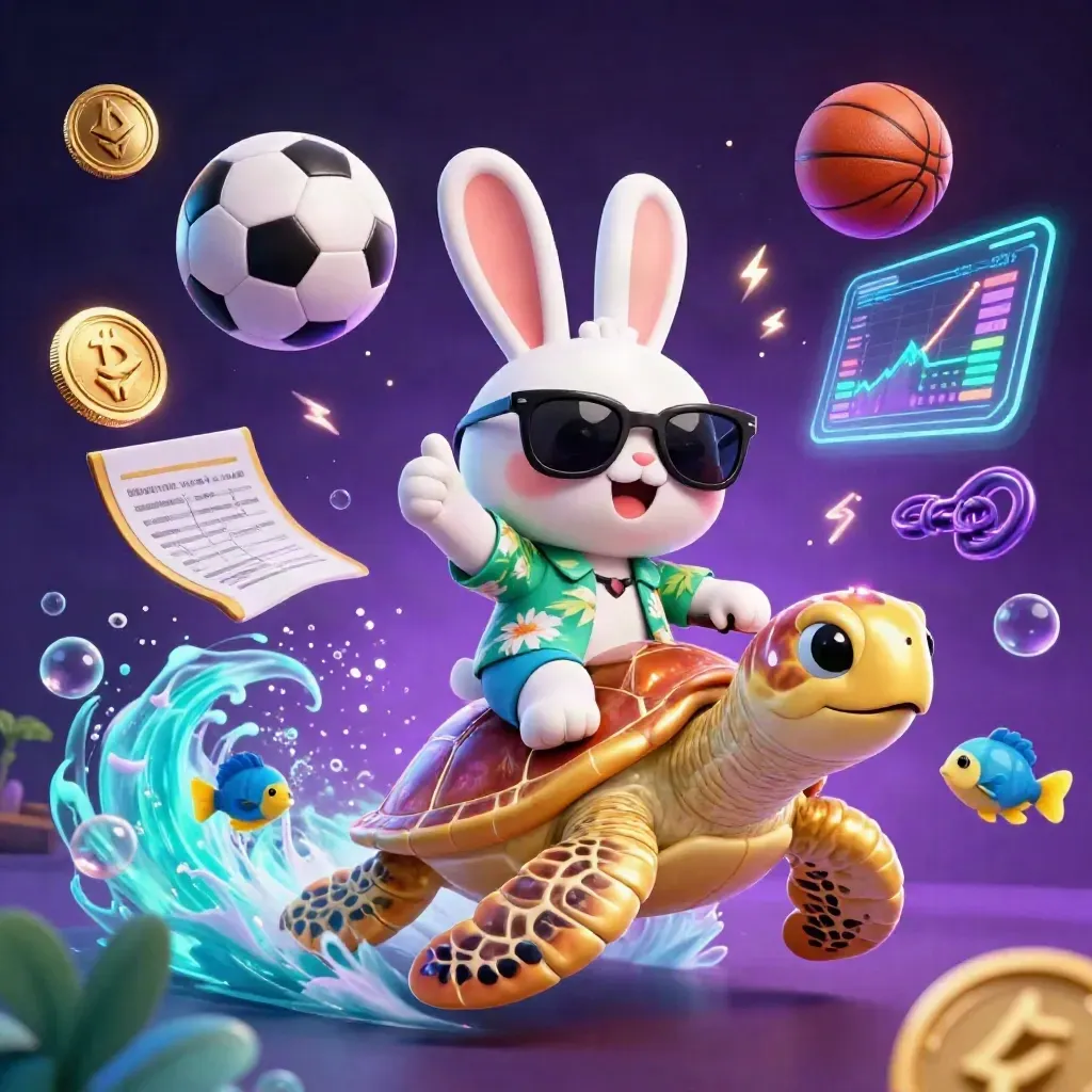 Konijn op gouden schildpad met spelende munten, ballen en neonenergie in paarse onderwatergloed