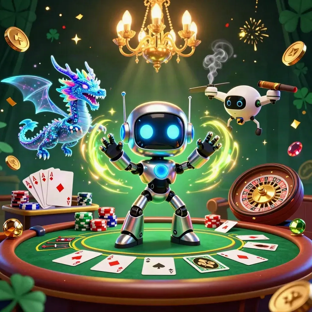 Cyberpunk robot, holografische draak en drone in luxe neoncasino met kaarten, chips en vuurwerk.