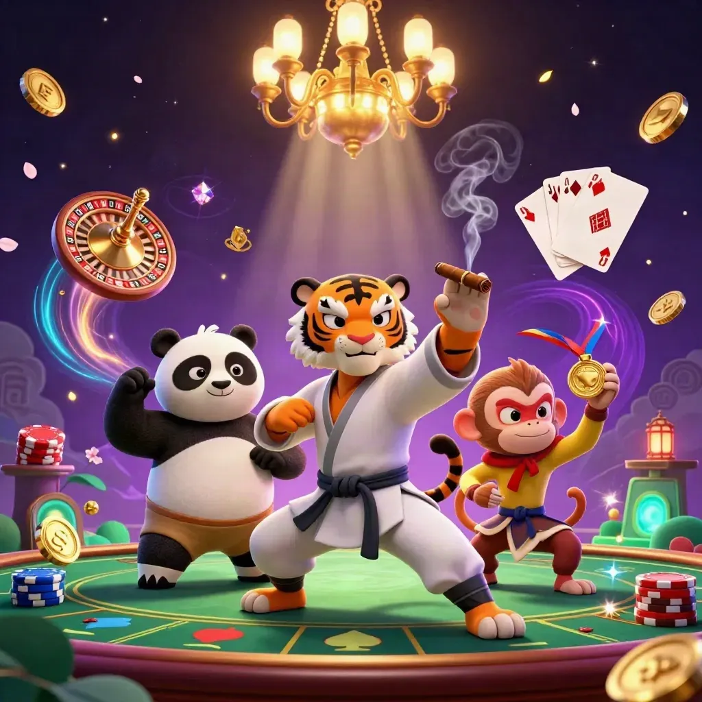 Neon-casinoscène met tijger, panda en aap rond roulette, goud en paarse magie.