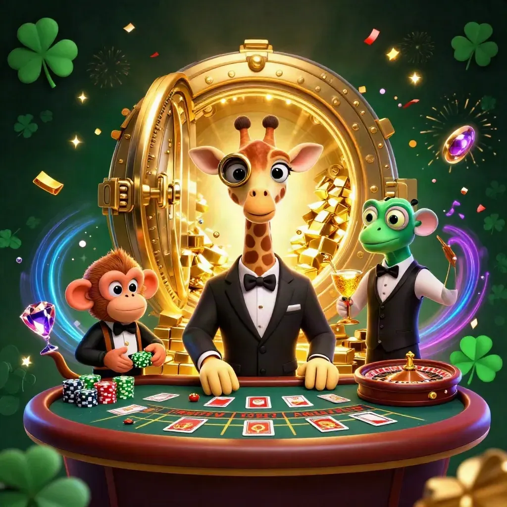 Giraffe, aap en kameleon in neon-casino met goud, juwelen en spectaculaire lichtstralen.