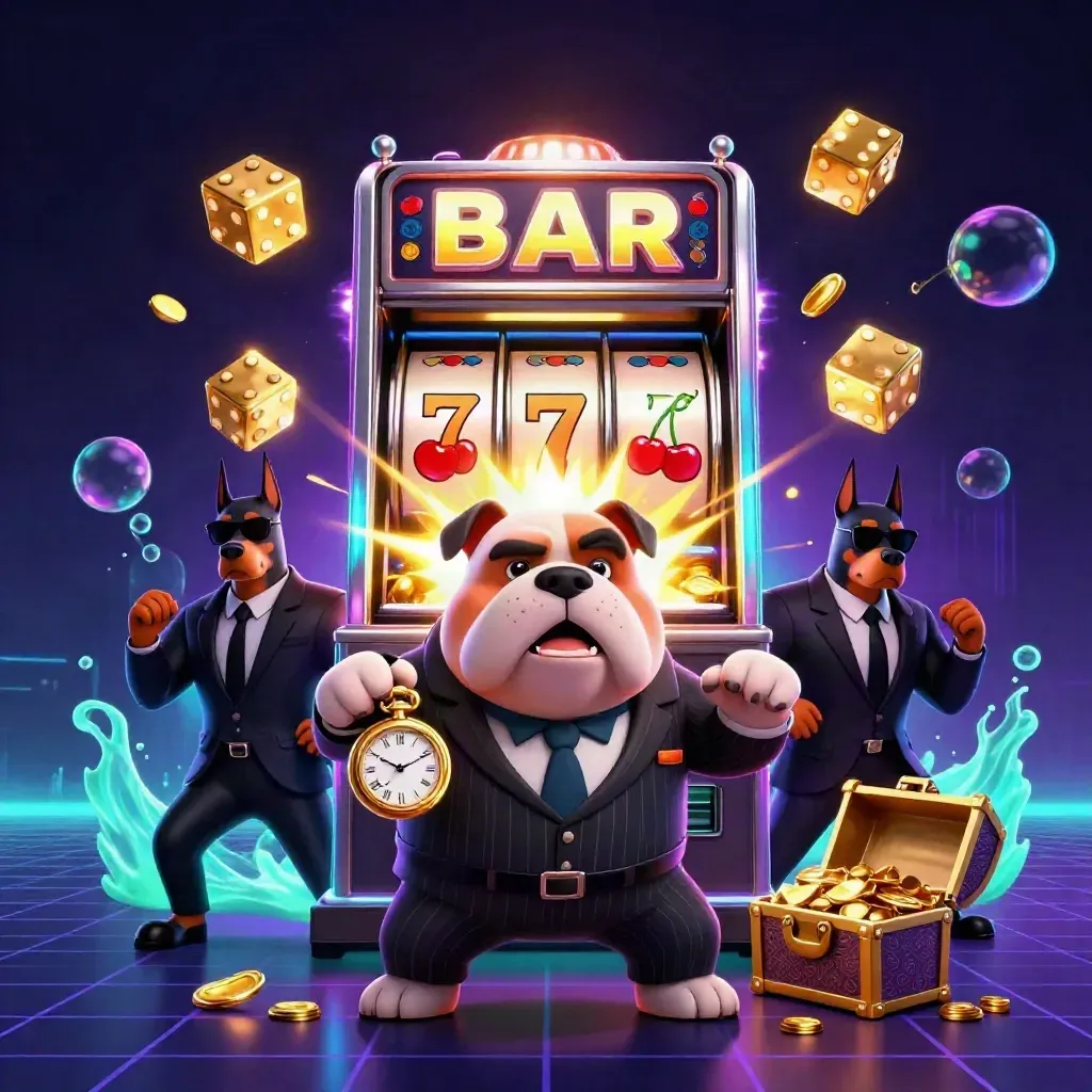 Maffia-buldog en twee Dobermans bij een exploderende gokkast met goud en neonlicht.