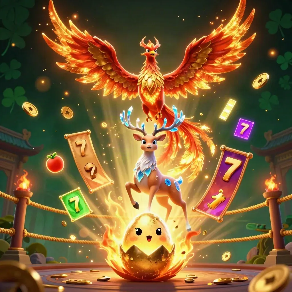 Phoenix, hert en kuikenphoenix in neon casinoscène met goud, tempelpoort en muntregen