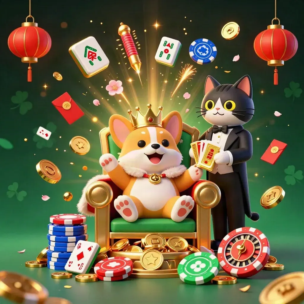 Neon corgi op pokertroon met katbutler, goudstukken en feestelijke casino-explosie.