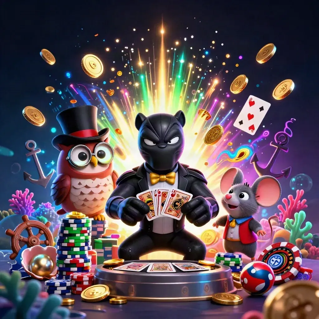 Neon panter, uil en muis tussen goud, kaarten en onderwaterschatten in casino-explosie