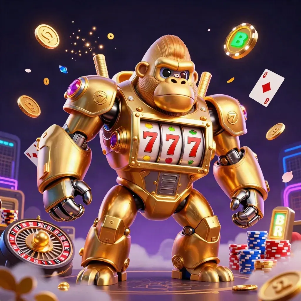Gouden gorillamech met gokautomaten, chips, munten en een kleine apenpiloot in neonlicht.