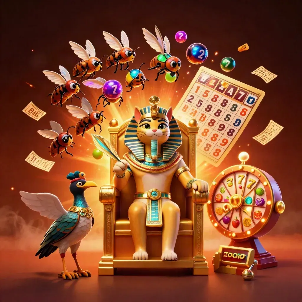 Egyptische faraokat op troon met ibis, scarabeeën en neon casino-items