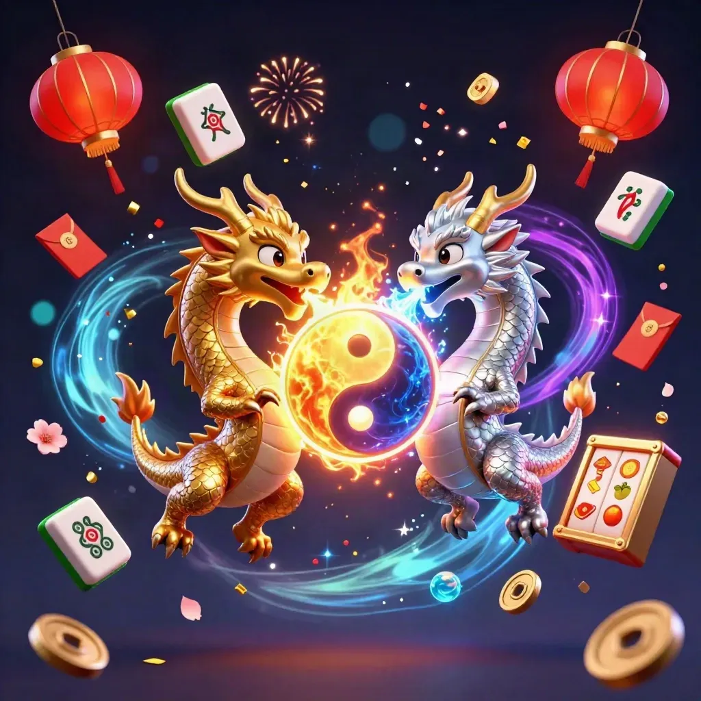 Twee verweven draken met lantaarns, mahjong, munten en vuurwerk in neon casino-stijl.