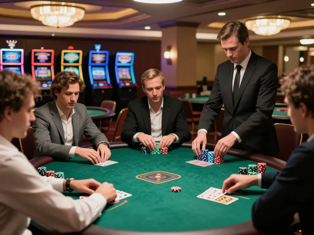 Players strategizing in a high-stakes 1Gom poker game, engaging atmosphere and upscale decor.