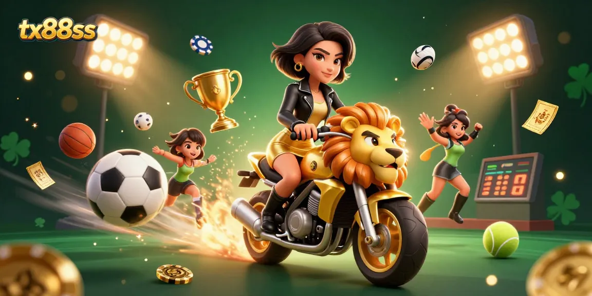 Experience the excitement of tx88ss with a dynamic 3D casino scene featuring a glamorous woman and sports elements.