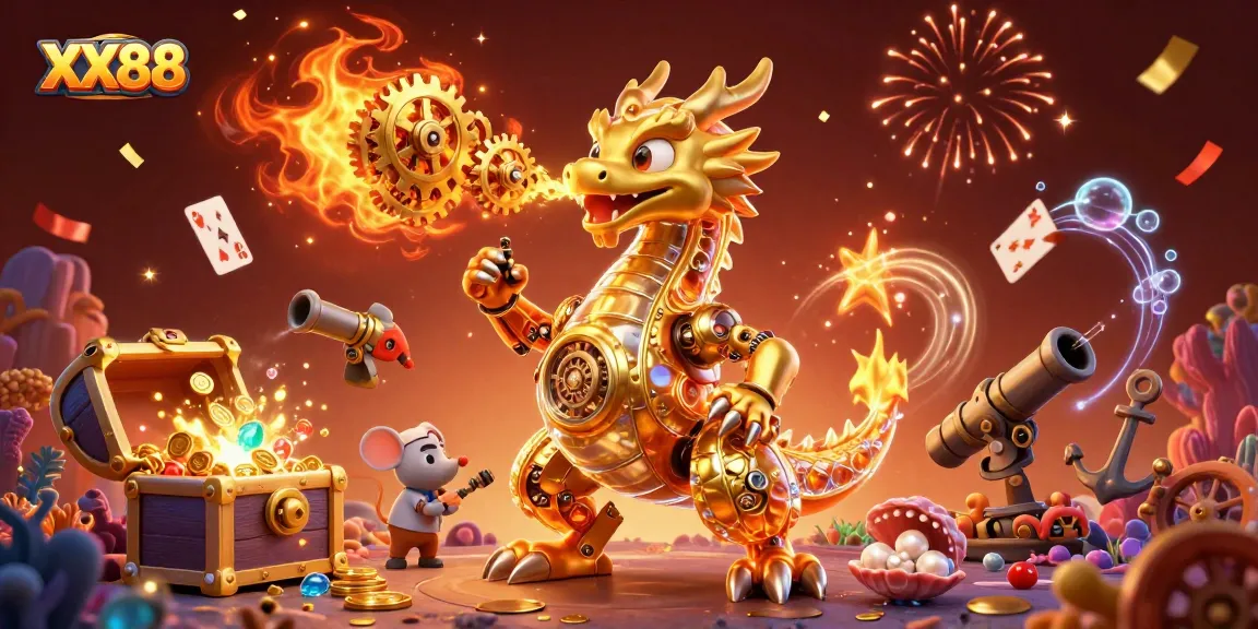 Engage with thrilling XX88 gameplay in a vibrant 3D casino scene, featuring a golden dragon.